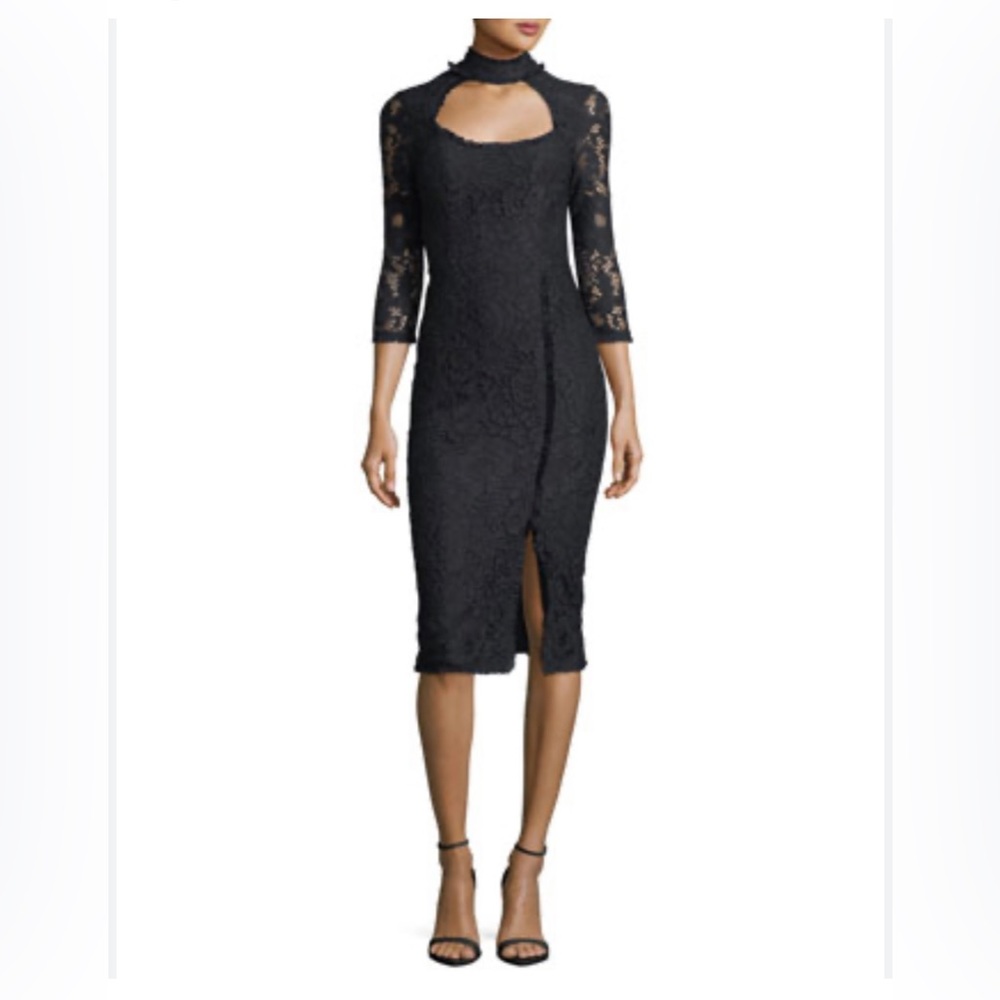 Fiorenza Mock-Neck Fitted
Lace Cocktail Dress